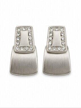 Vtg JS Matte Silvertone Rhinestone Curved Doorknocker Earrings FLAWED